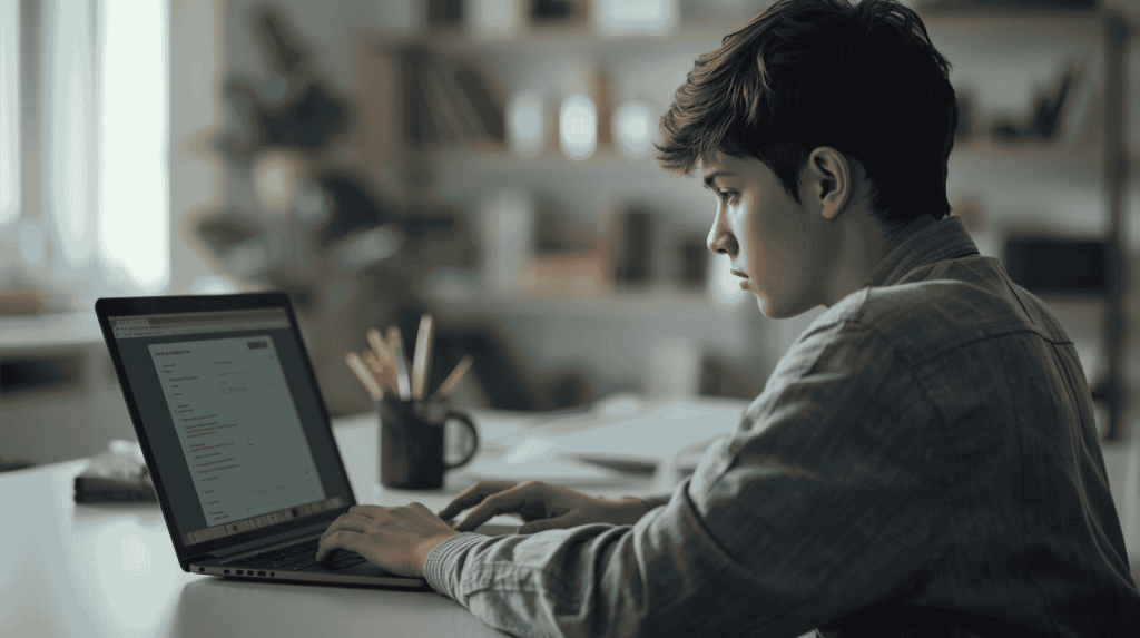 Student demonstrating ideal setup for online proctored exam with appropriate technology and environment