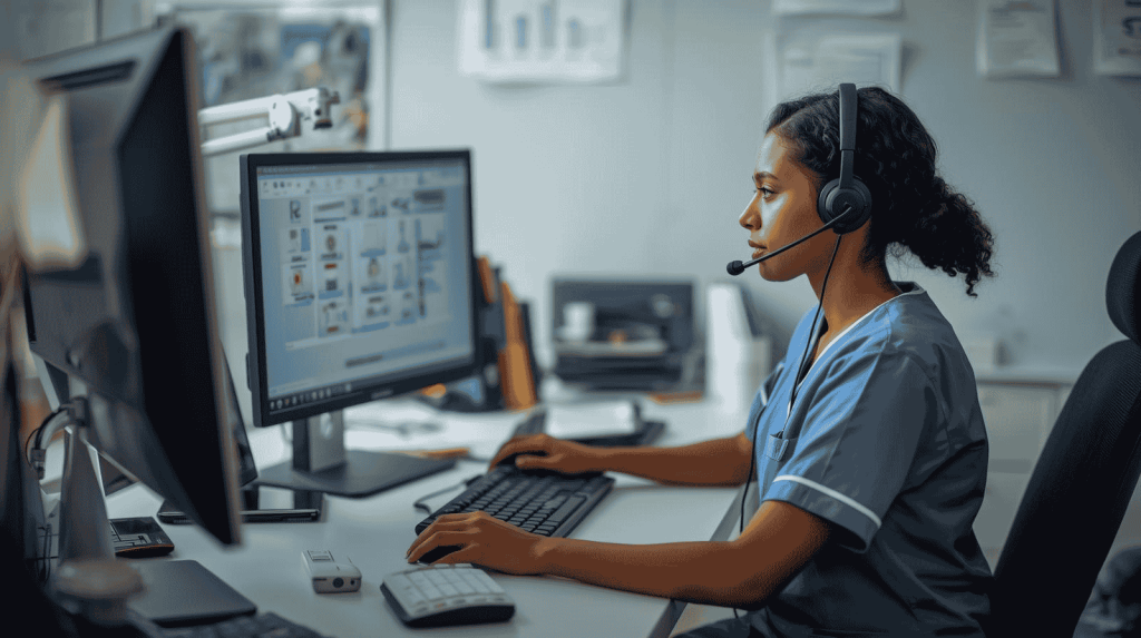 Healthcare professional successfully working in remote RN jobs with optimal home office setup