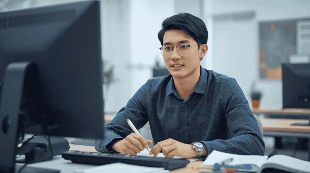 A prepared and confident student in an optimal setup to pass a proctored exam.