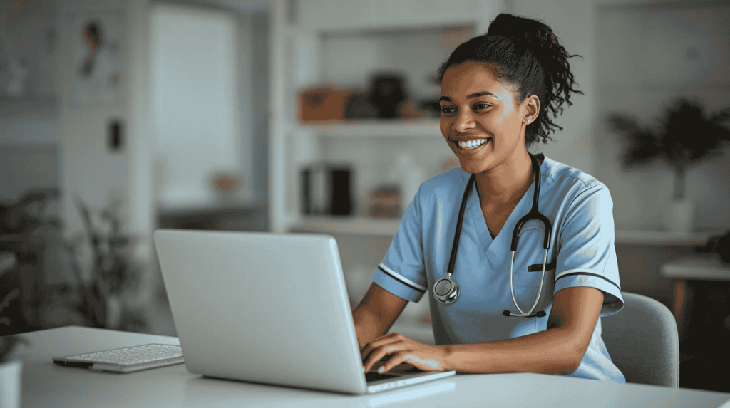 A registered nurse engaged in RN work from home, conducting a telehealth session.