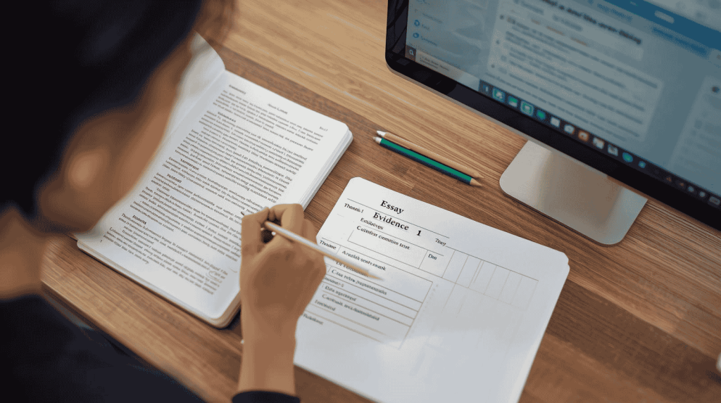 A student applying strategic GED RLA exam tips through active reading and structured essay planning.