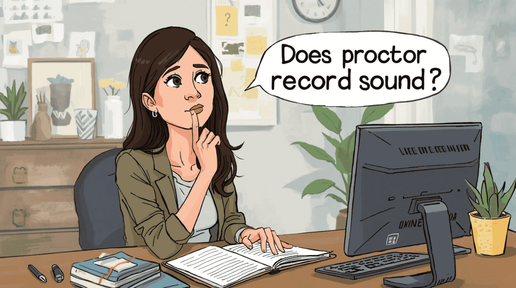 A student considering does proctor record sound while taking an online exam in a prepared environment.